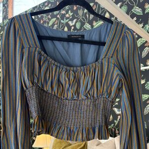 Olivaceous Blue and Gold Striped Blouse